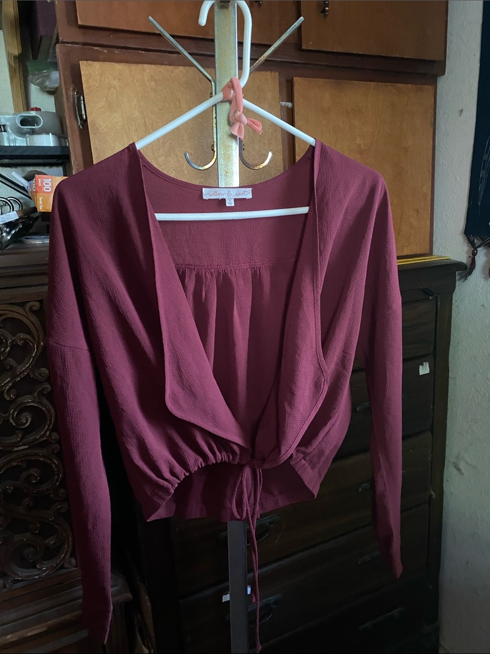 Crochet & Thread Burgundy Long Sleeve Tie-Front Draped Top
